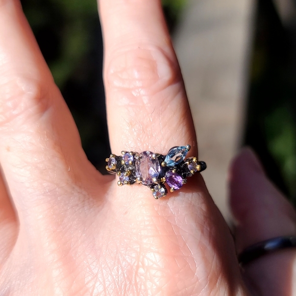Amethyst Tanzanite & Aquamarine cluster Sterling ring sz 9 - Picture 7 of 9